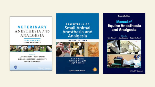 Anesthesia book covers: Lumb and Jones 6th edition; Essentials of Small Animal Anesthesia and Analgesia 2nd edition; Manual of Equine Anesthesia and Analgesia 2nd edition.