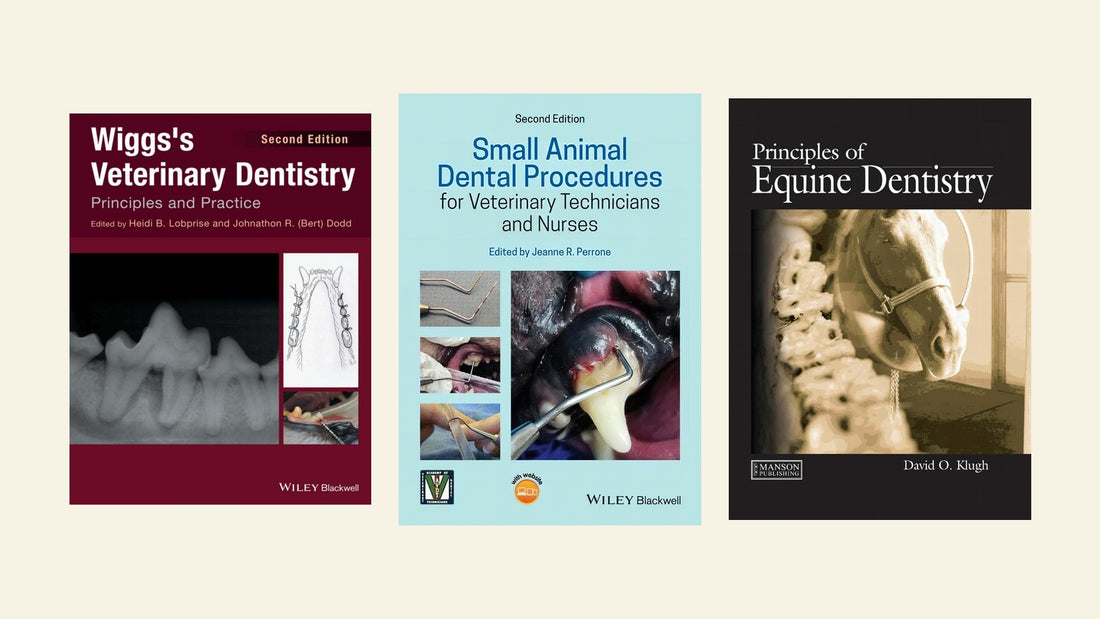 Book covers: Wiggs's Veterinary Dentistry Principles and Practice 2nd Edition; Small Animal Dental Procedures for Veterinary Technicians and Nurses 2nd Edition; Principles of Equine Dentistry