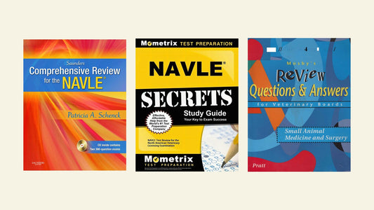 NAVLE book covers: Saunders Comprehensive Review; NAVLE Secrets Study Guide; Mosby's Veterinary Boards Small Animal Medicine and Surgery.