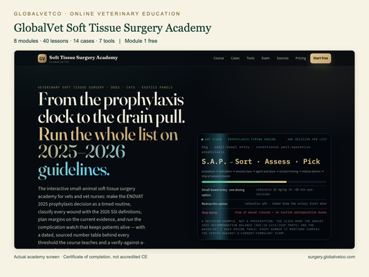 GlobalVet Soft Tissue Surgery Academy: 8 modules, 40 lessons, 14 cases and 7 tools. Actual academy interface.