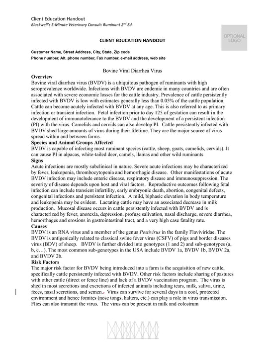 Bovine Viral Diarrhea Virus — Diagnosis, Management, and Control