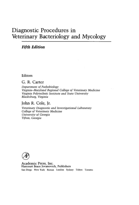 Diagnostic Procedures In Veterinary Bacteriology And Mycology 5Th Edition
