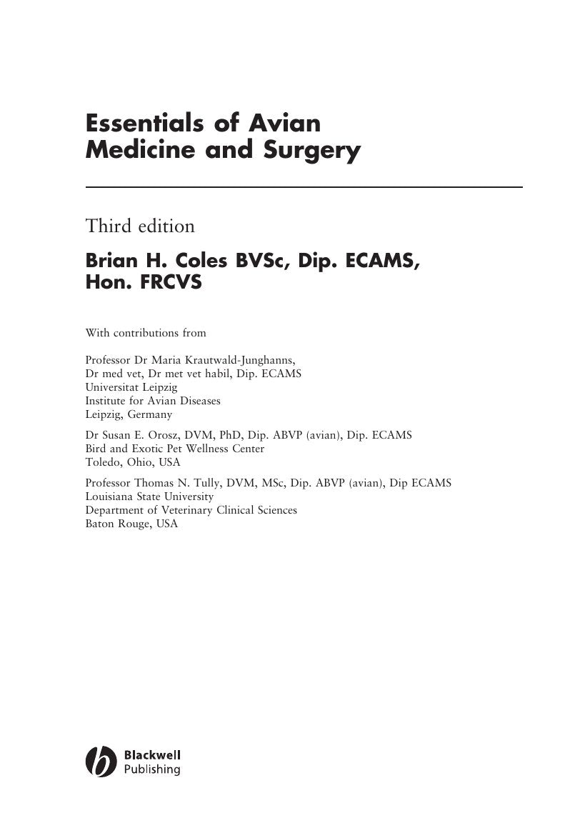 Look Inside sample page 2 - Essentials Of Avian Medicine And Surgery 3Rd Edition