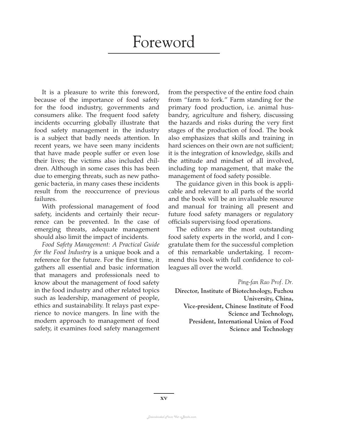 Food Safety Management A Practical Guide For The Food Industry