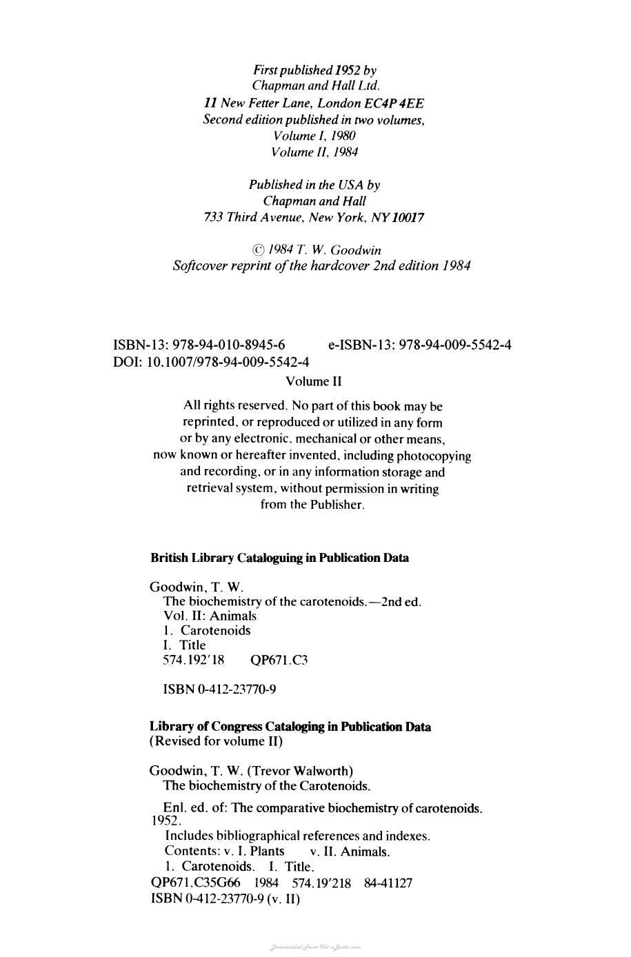 The Biochemistry Of The Carotenoids Volume Ii Animals