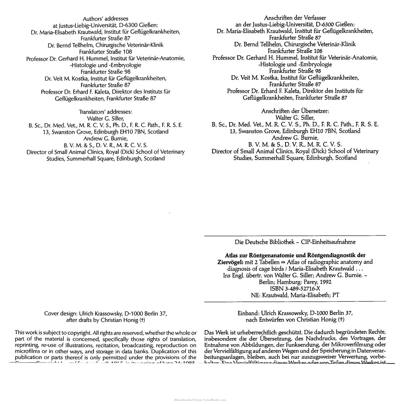 Atlas Of Radiographic Anatomy And Diagnosis Of Cage Birds