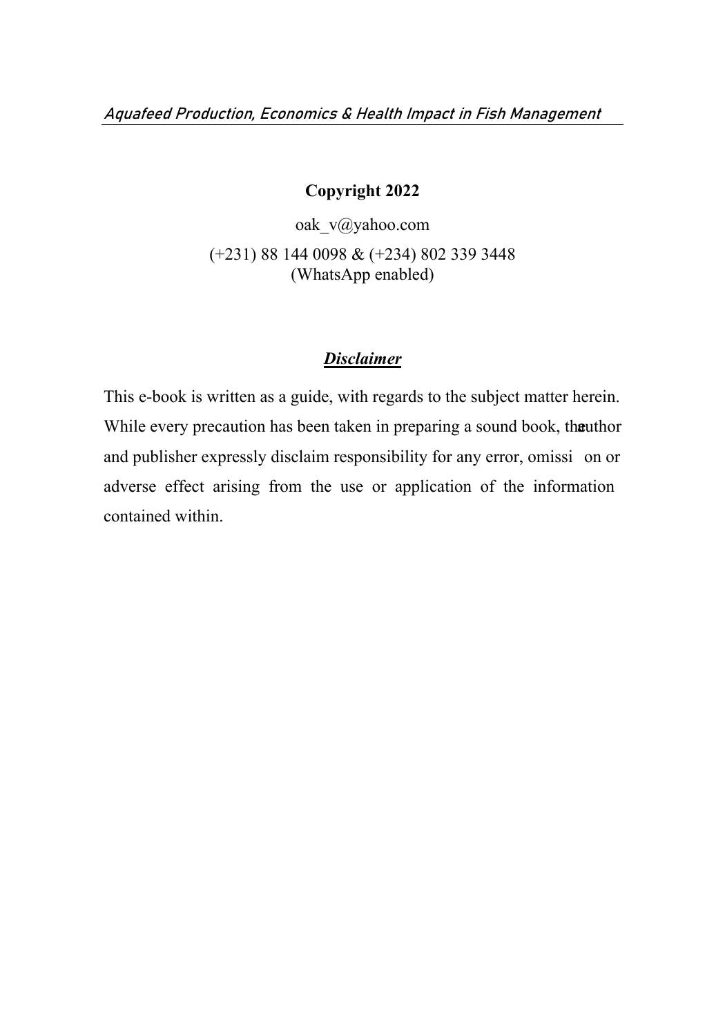 Aquafeed Production Economics And Health Impact On Fish Management