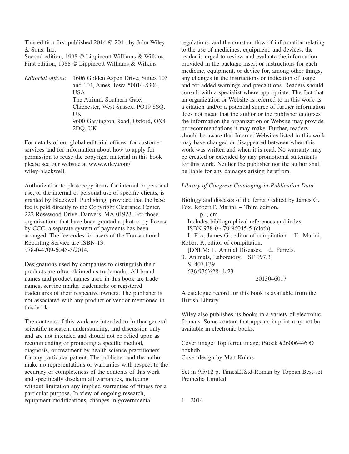 Biology And Diseases Of The Ferret 3Rd Edition