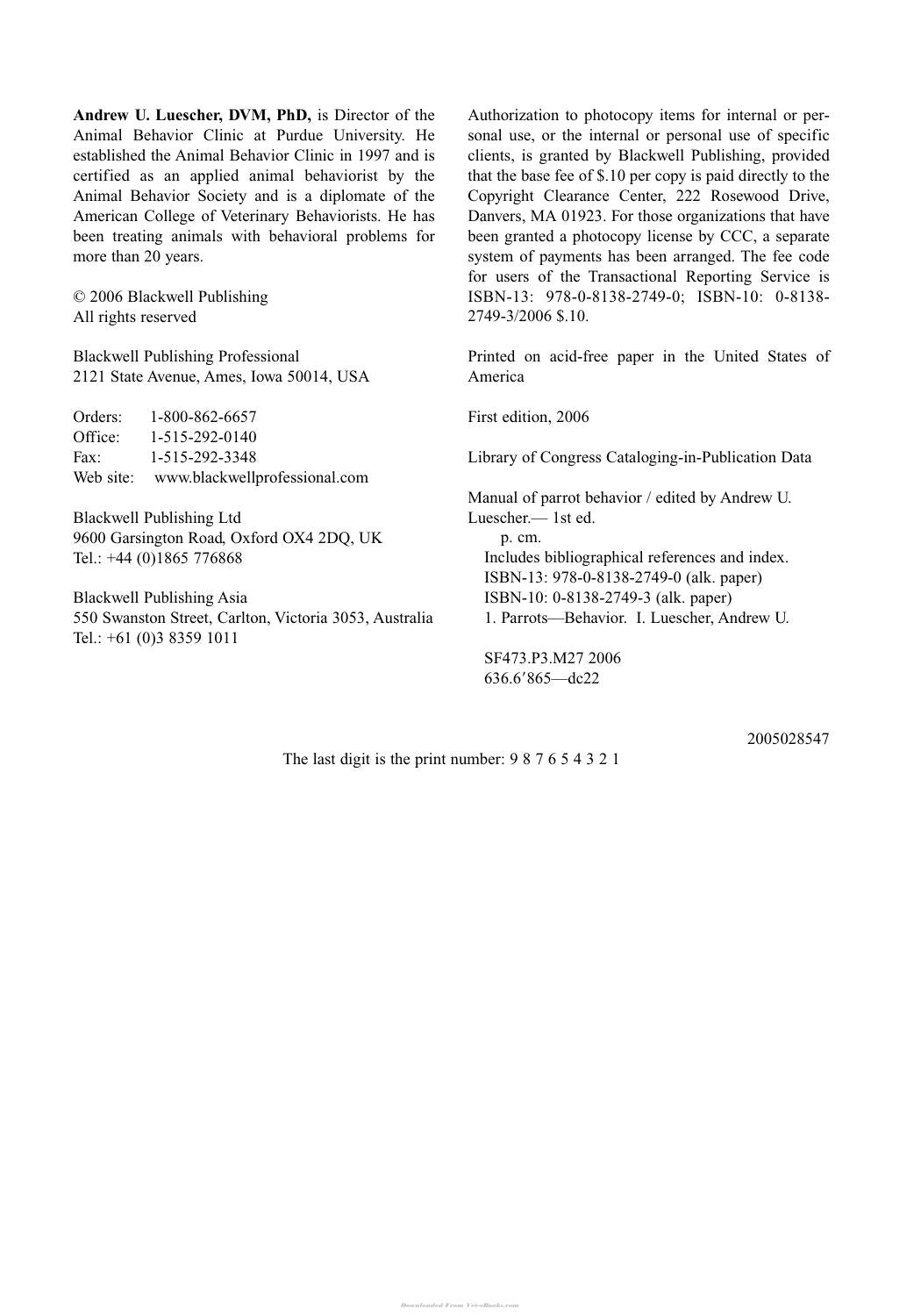 Manual Of Parrot Behavior