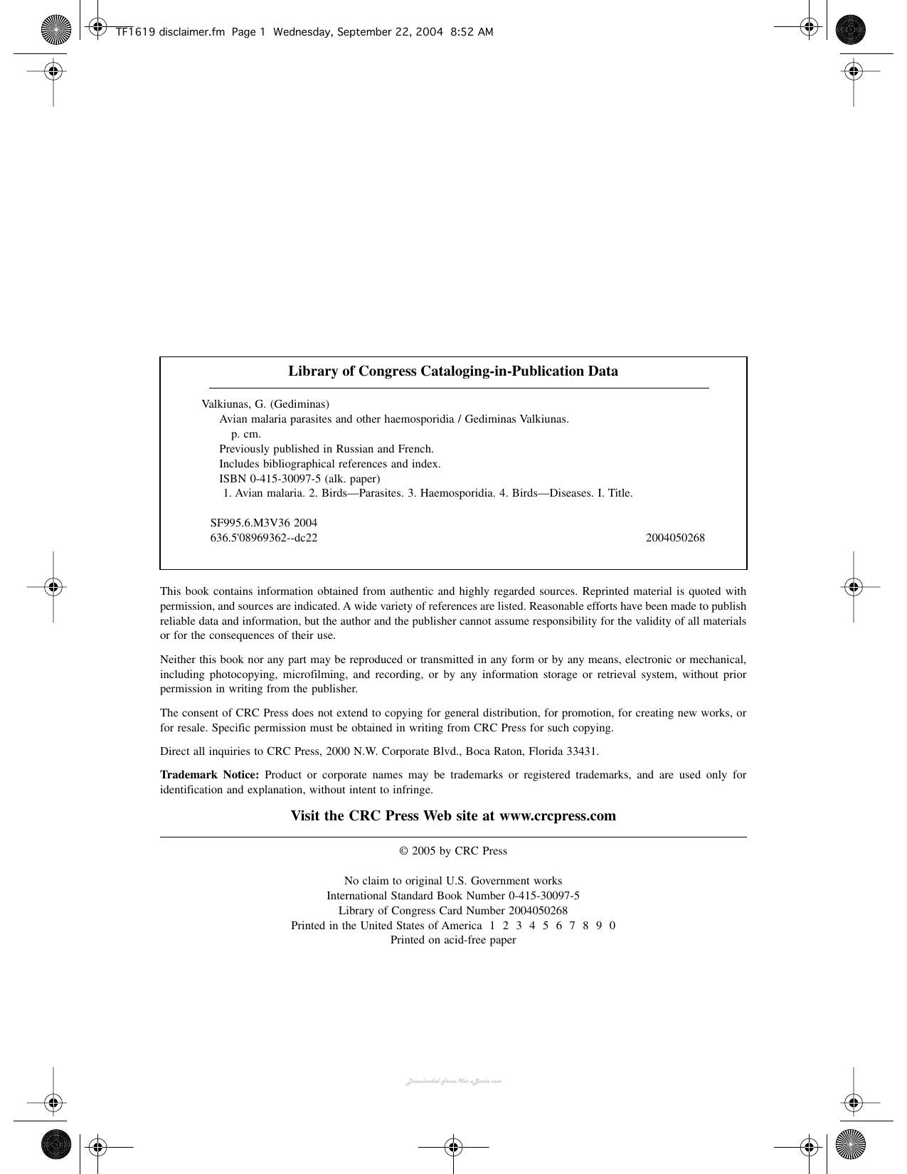 Avian Malaria Parasites And Other Haemosporidia