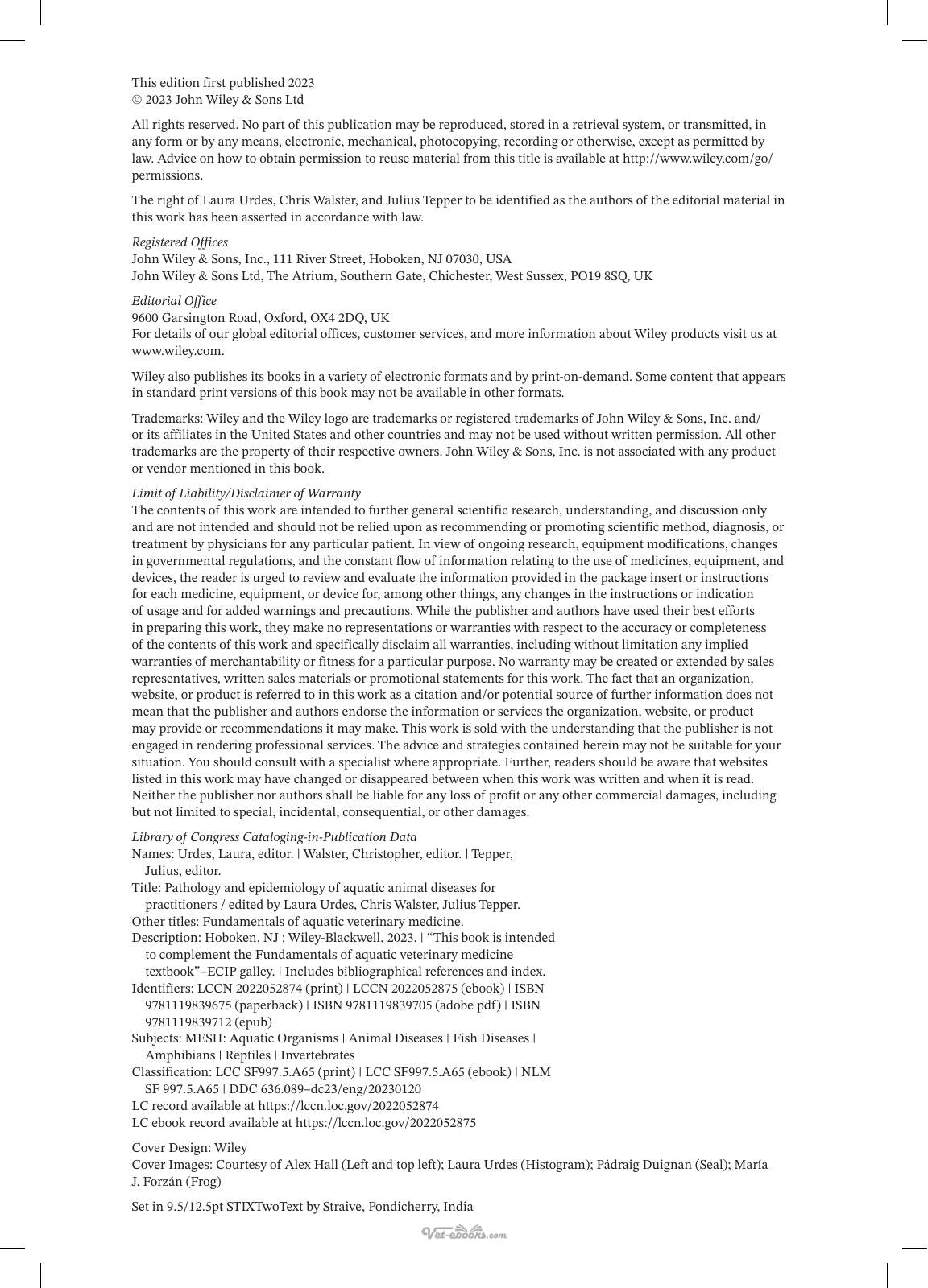 Pathology And Epidemiology Of Aquatic Animal Diseases For Practitioners