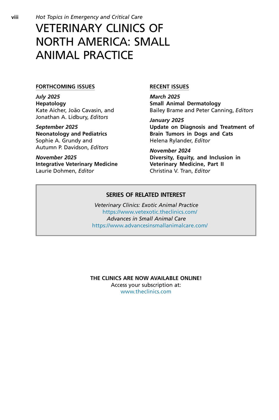 Preview page of Hot Topics in Emergency and Critical Care, an Issue of Veterinary Clinics of North America — S