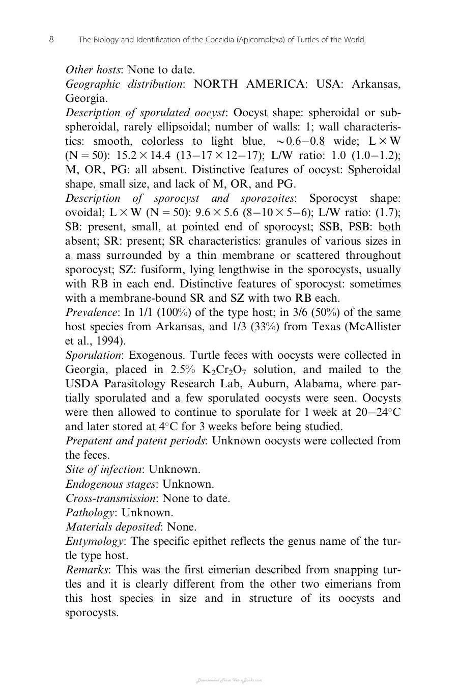 The Biology And Identification Of The Coccidia Apicomplexa Of Turtles Of The World