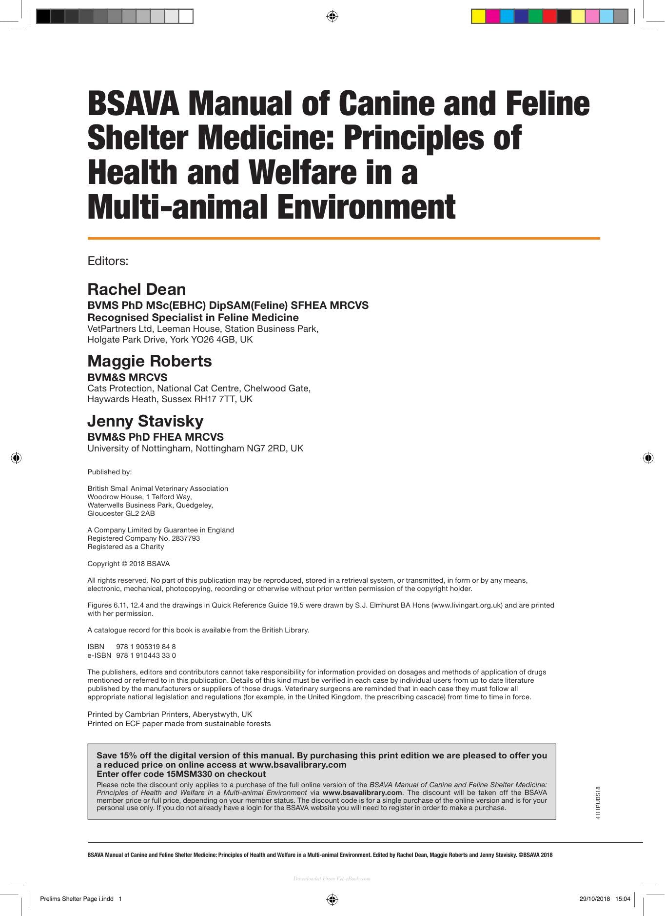 Bsava Manual of Canine and Feline Shelter Medicine Principles of Health and Welfare in a Multi Animal Environment