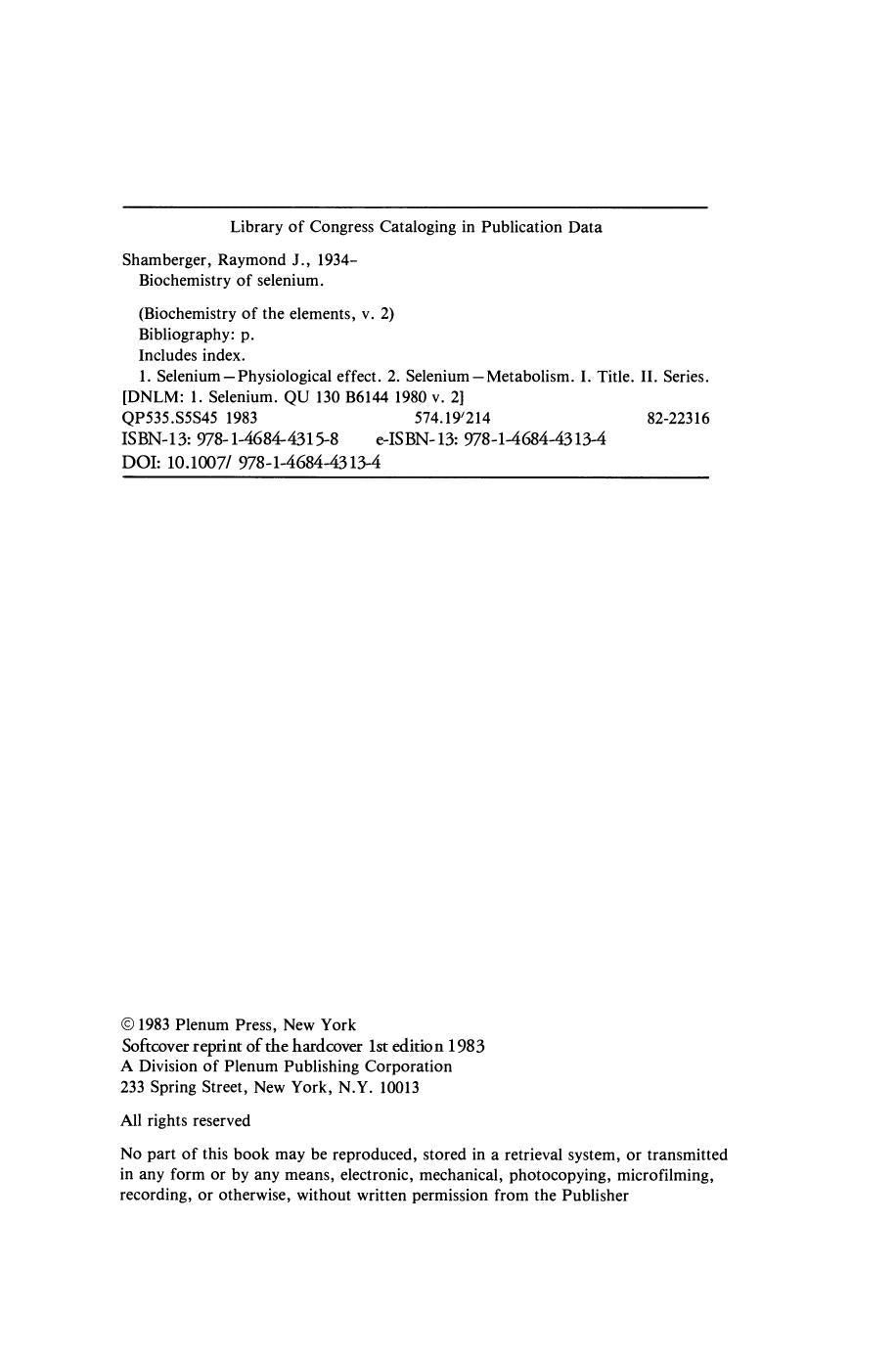 Biochemistry of Selenium by Raymond Shamberger