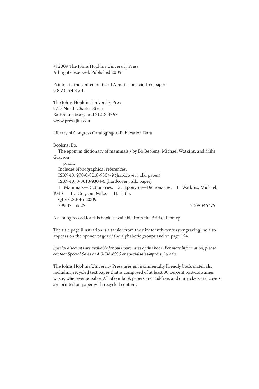 The Eponym Dictionary Of Mammals