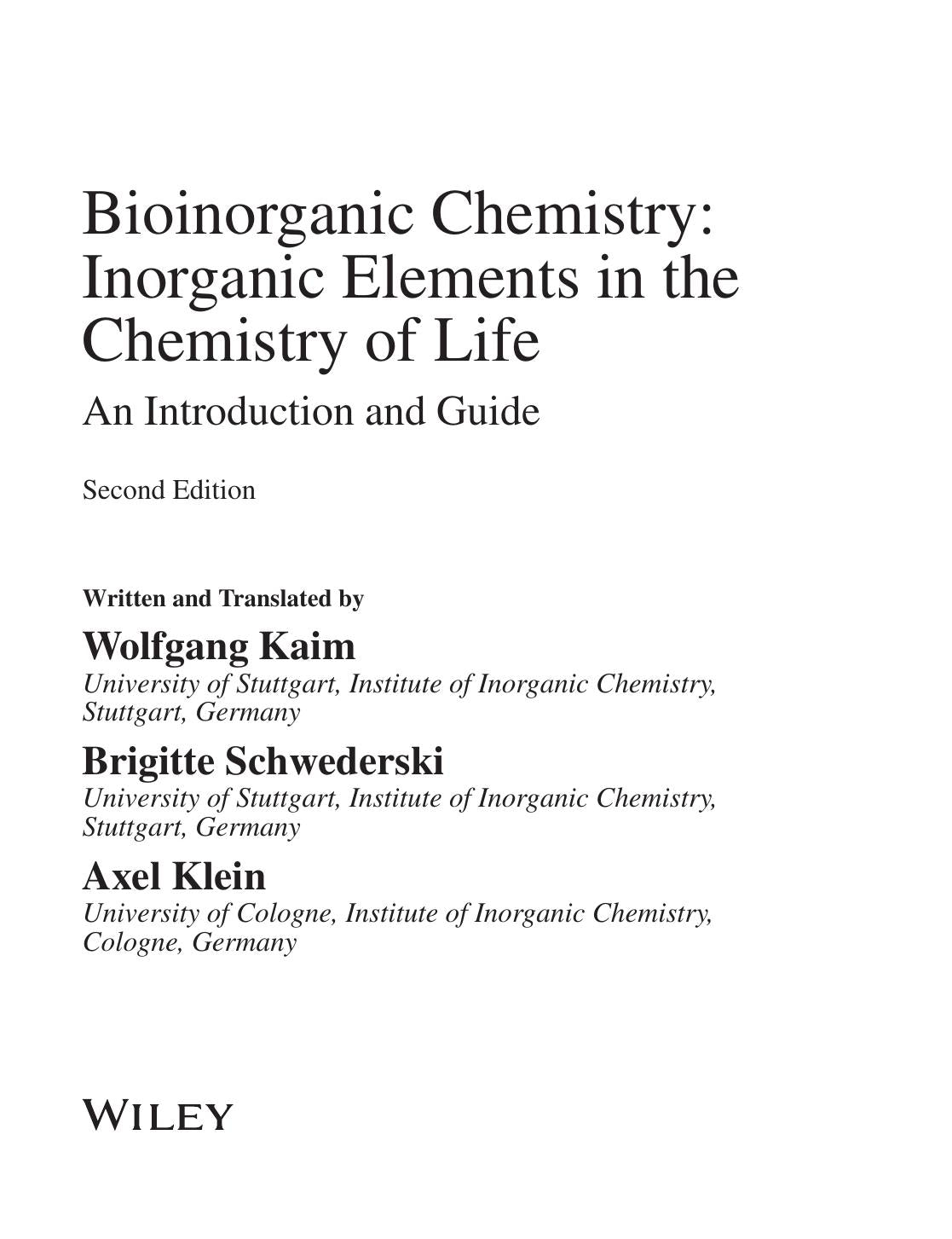 Bioinorganic Chemistry Inorganic Elements In The Chemistry Of Life An Introduction And Guide 2nd Edition