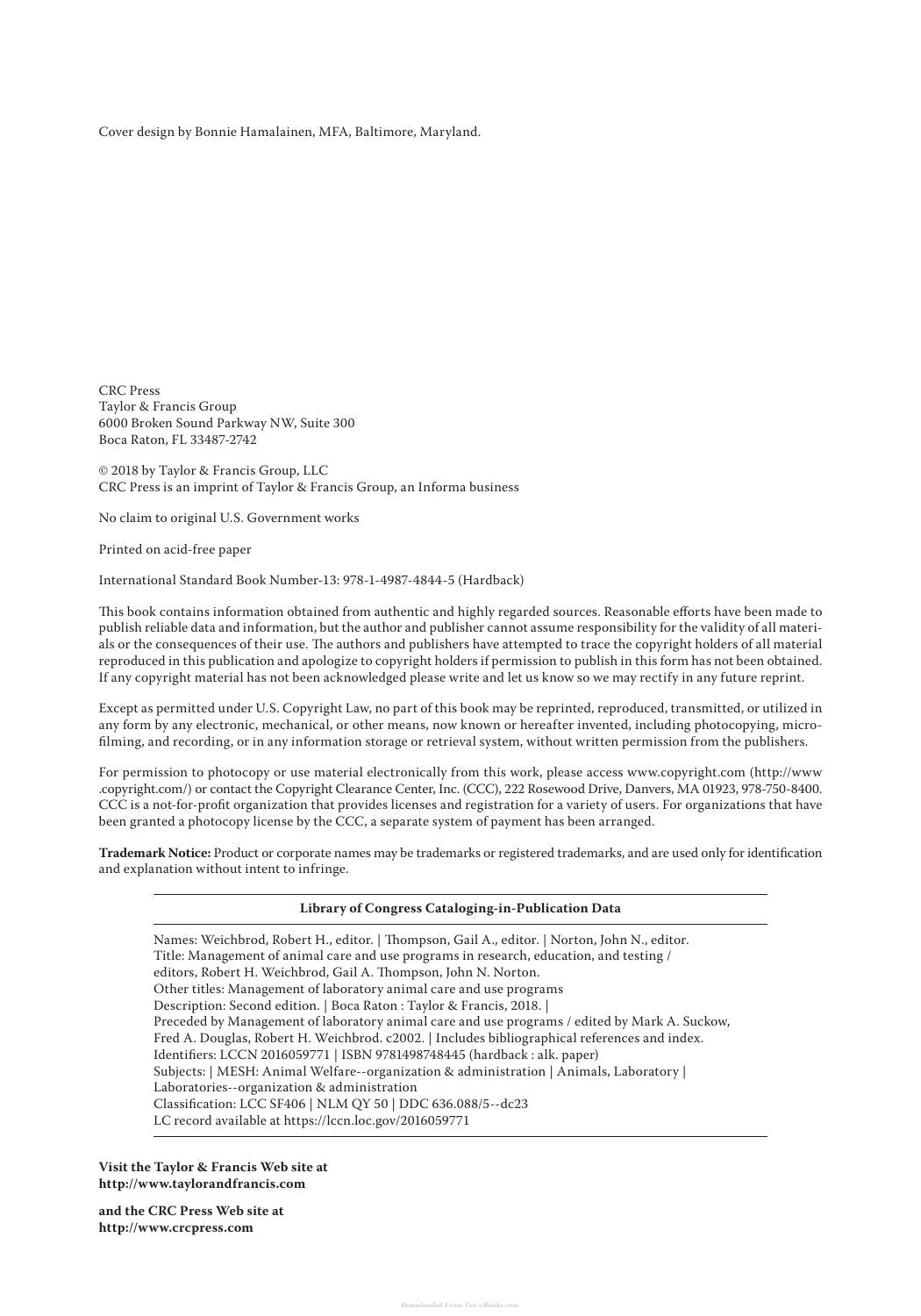 Management Of Animal Care And Use Programs In Research Education And Testing 2nd Edition